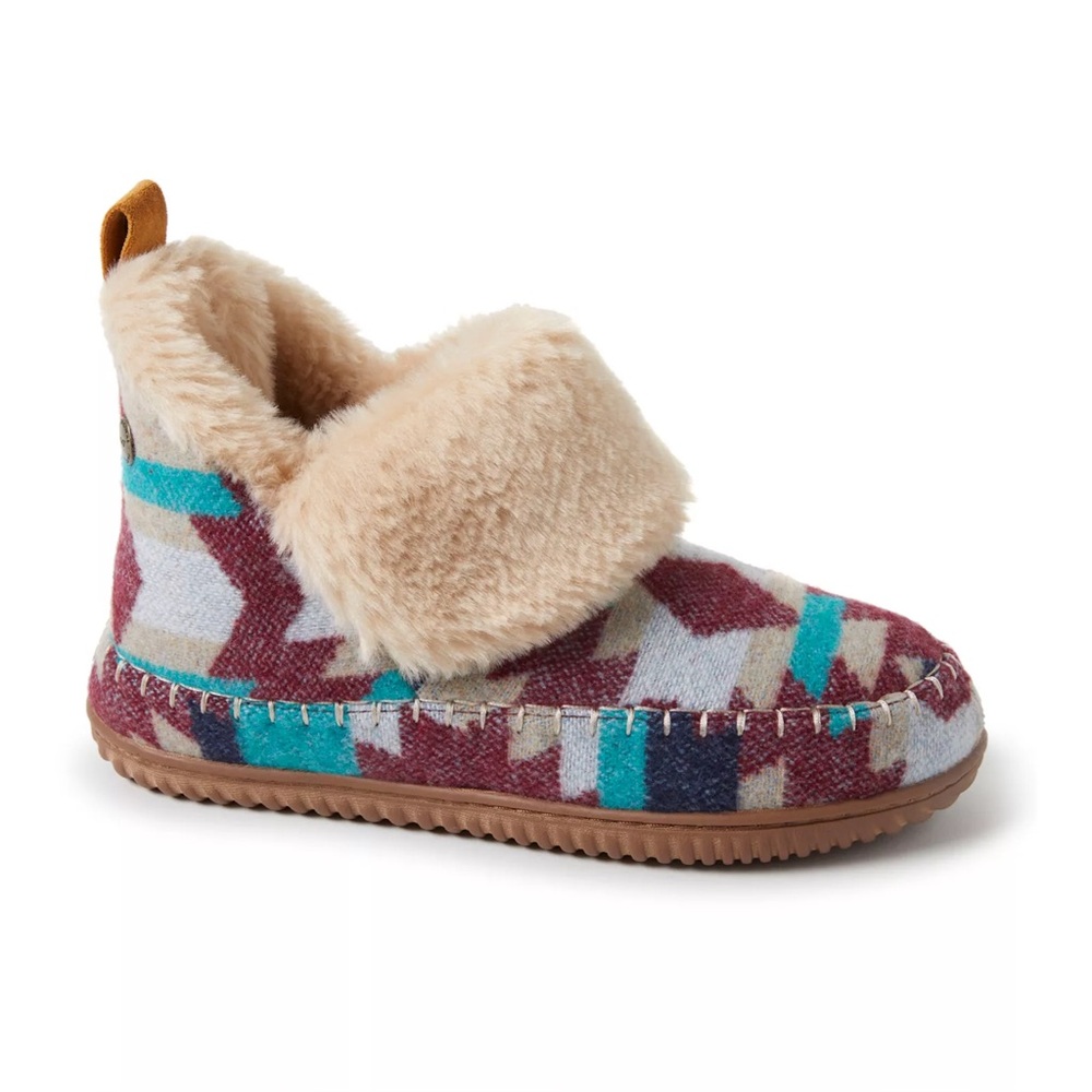 Dearfoams Alpine Moritz Bootie Cabernet Aztec Tribal Boots Slippers Shoes 7🤎💚🩵🖤